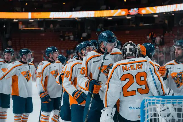 Greenville Swamp Rabbits congratulate goaltender Dryden McKay