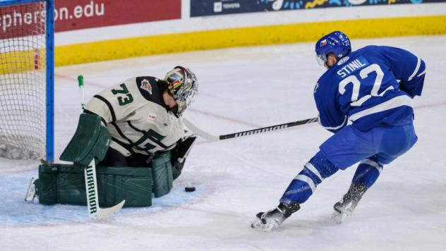 Wichita Thunder forward Michal Stinil shoots vs. the Utah Grizzlies