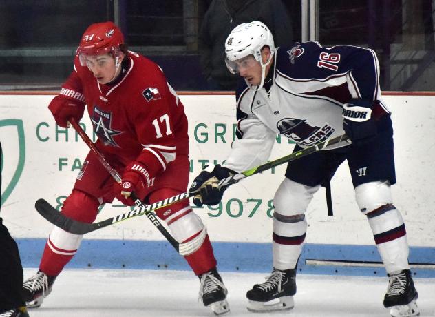 Allen Americans left wing Riley Ginnell (left) vs. the Tulsa Oilers