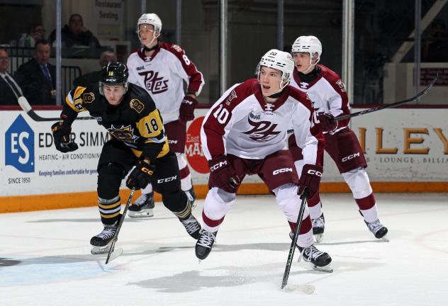 Peterborough Petes centre Adam Levac vs. the Brantford Bulldogs