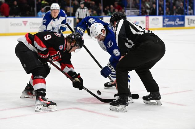 Belleville Senators left wing Angus Crookshank on the faceoff