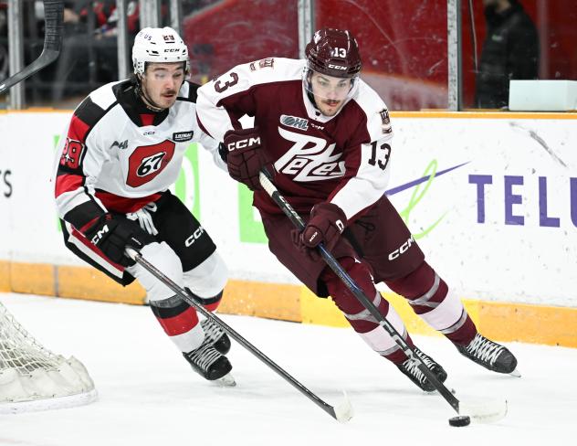 Ottawa 67's' Cooper Foster versus Peterborough Petes' Gavin Bryant