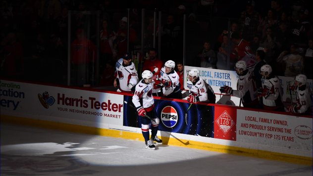 South Carolina Stingrays' Erik Middendorf congratulated by team
