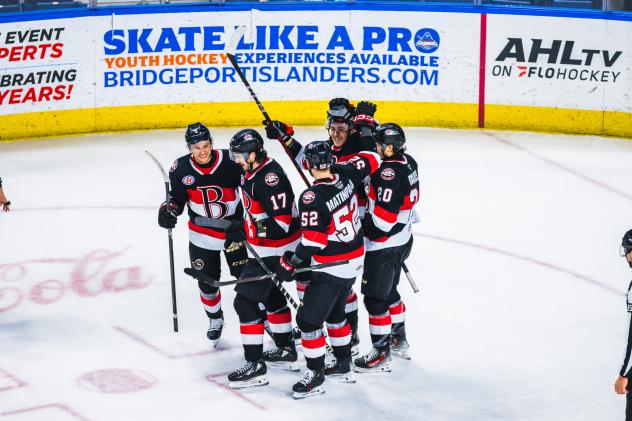 Belleville Senators exchange congratulations after a goal