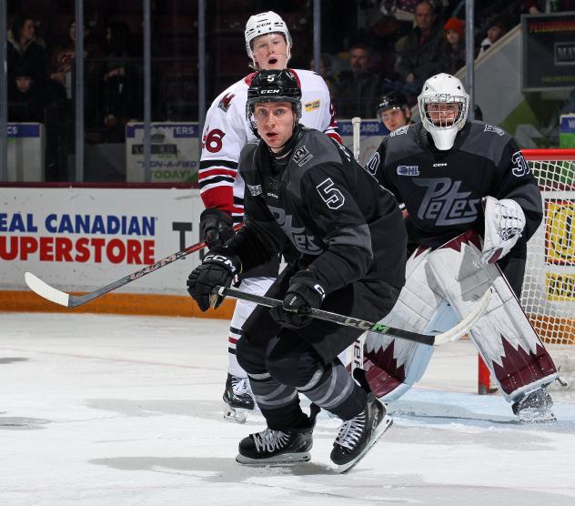 Peterborough Petes defenceman Martin Matejicek and goaltender Easton Rye vs. the Guelph Storm