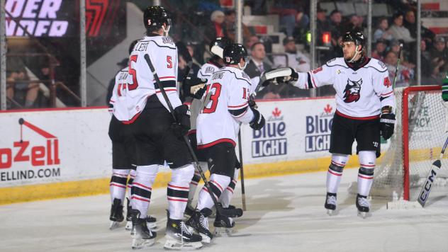 Adirondack Thunder's Jackson van de Leest, Alex Young, and Tag Bertuzzi on game night