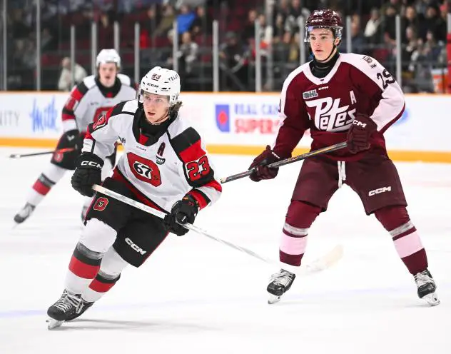 Ottawa 67's' Will Gerrior and Peterborough Petes' Braydon McCallum