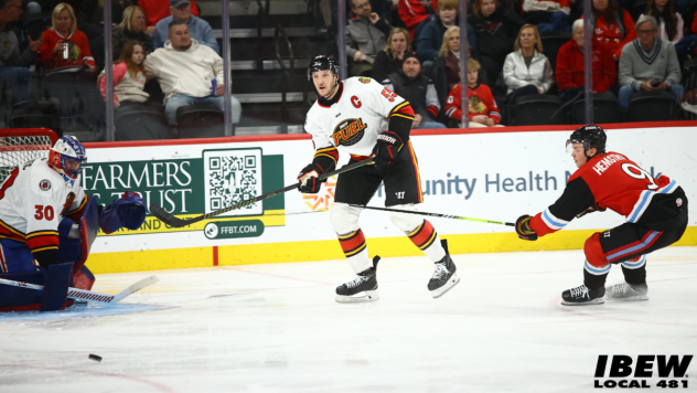 Indy Fuel goaltender Joe Vrbetic and defenseman Christopher Cameron