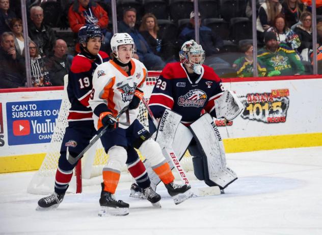 Saginaw Spirit defenseman Zayne Parekh and goaltender Andrew Oke