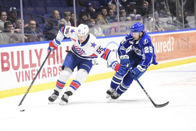 Syracuse Crunch forward Dylan Duke (right) vs. the Rochester Americans