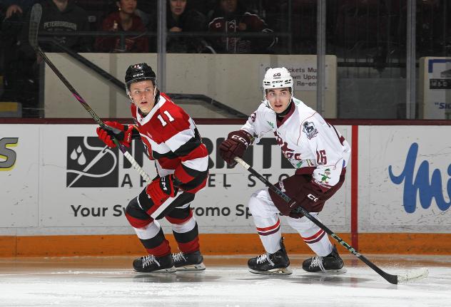 Peterborough Petes centre Aiden Young (right) vs. the Ottawa 67's