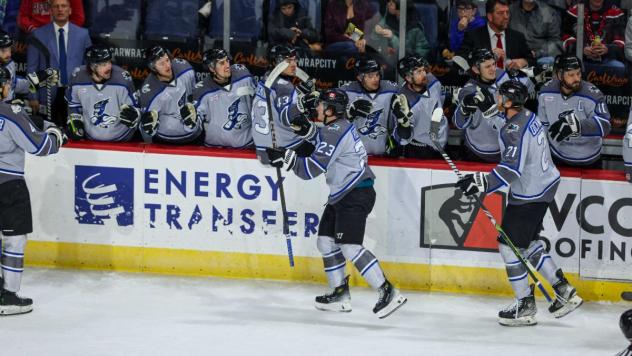 Wichita Thunder's Mitchell Russell and Jay Dickman congratulated by team