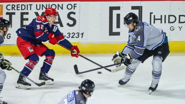 Wichita Thunder defenseman Jeremie Bucheler (right) vs. the Allen Americans
