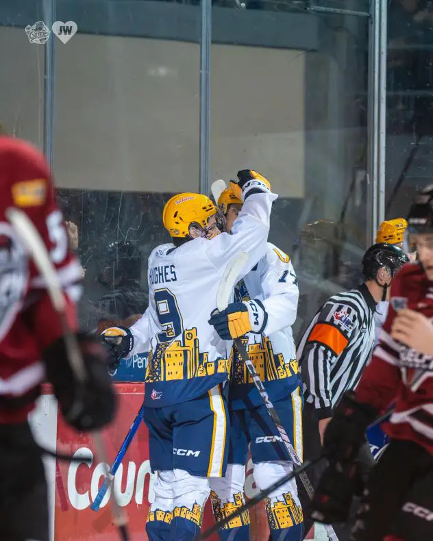 Erie Otters' Callum Hughes and Malcolm Spence on game night