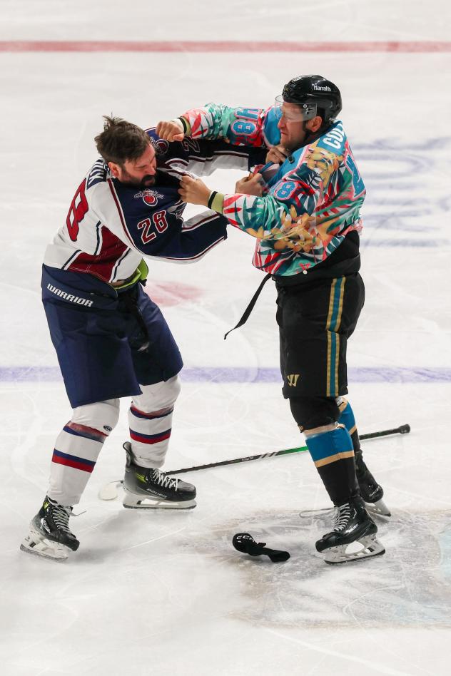 Tulsa Oilers' Paxton Leroux battles Tahoe Knight Monsters' Anthony Collins