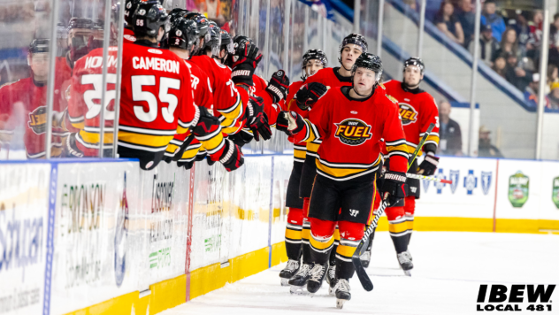Indy Fuel exchange fist bumps along the bench