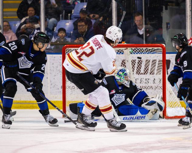 Vancouver Giants right wing Tyler Thorpe scores against the Victoria Royals