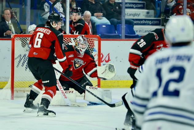 Vancouver Giants' Colton Roberts and Burke Hood in action