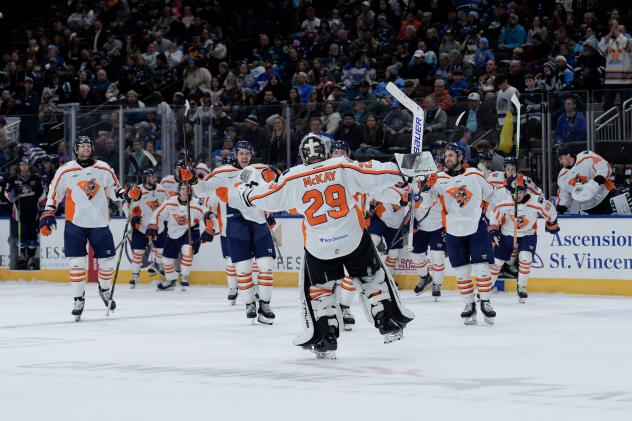 Greenville Swamp Rabbits' Dryden McKay celebrates with team