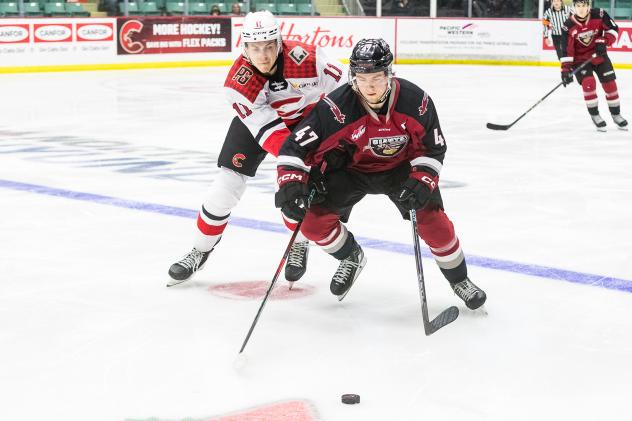 Vancouver Giants defenceman Mazden Leslie vs. the Prince George Cougars