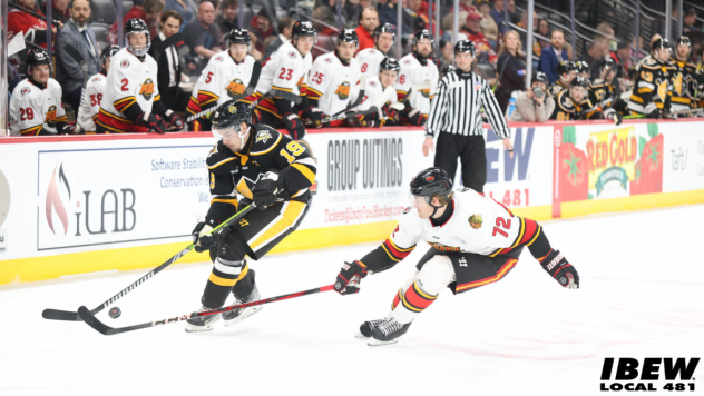 Indy Fuel defenseman D.J. King (right) vs. the Wheeling Nailers
