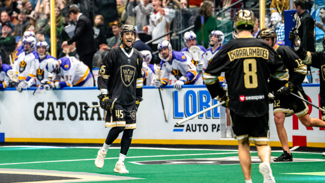 Vancouver Warriors forward Keegan Bal reacts after one of his goals