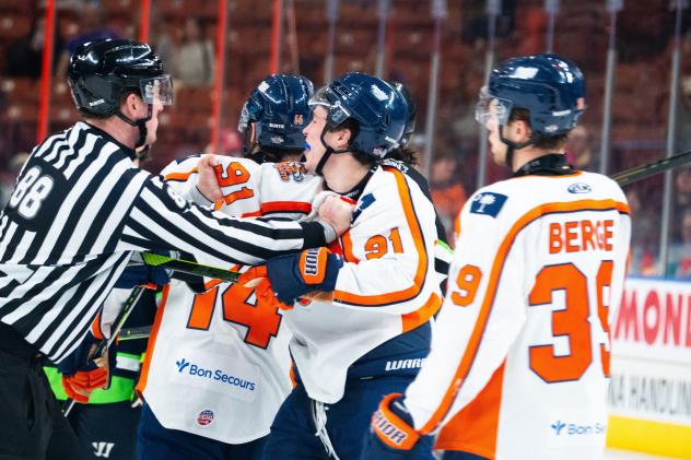 Greenville Swamp Rabbits restrained by the officials