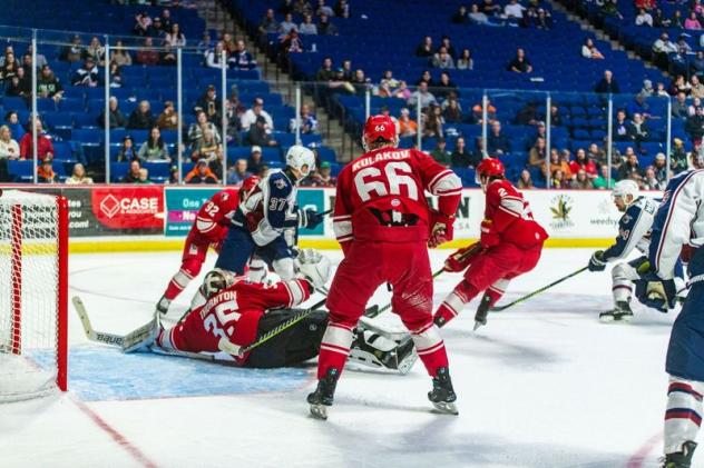 Artyom Kulakov of the Allen Americans keeps an eye on the action