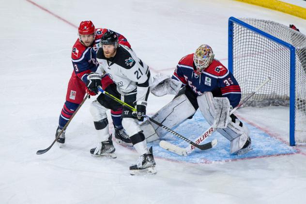 Allen Americans goaltender Anson Thornton protects the net