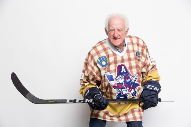 Bob Uecker in a Milwaukee Admirals plaid jersey
