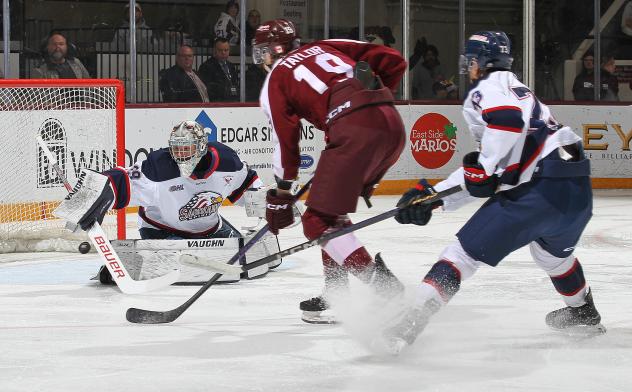 Peterborough Petes left wing Caden Taylor shoots against the Saginaw Spirit