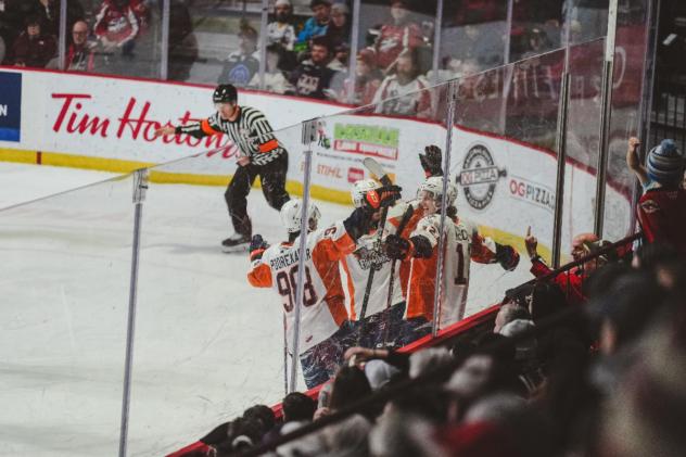 Flint Firebirds celebrate against the Windsor Spitfires