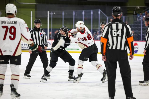 Tucson Roadrunners' Hunter Drew versus Ontario Reign's Luke Rowe