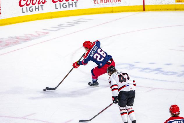 Allen Americans' Spencer Asuchak and Rapid City Rush's Charles Martin on the ice
