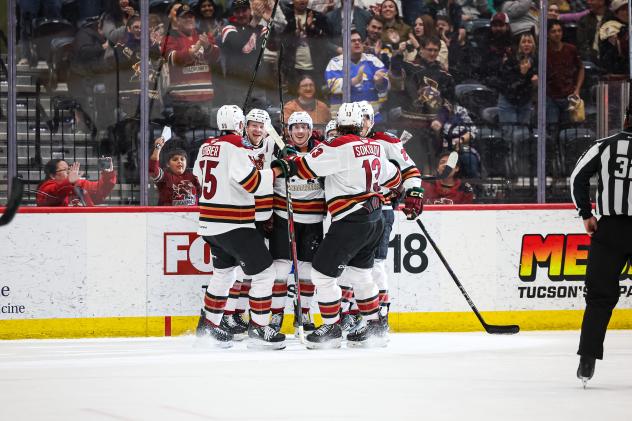 Tucson Roadrunners' Cameron Hebig celebrates with team