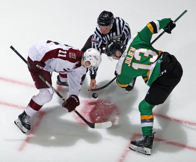 Peterborough Petes' Brody Partridge versus London Knights' Jacob Julien