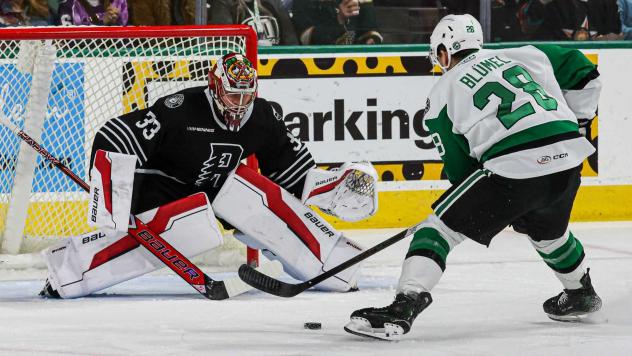 Rockford IceHogs' Drew Commesso versus Texas Stars' Matej Blümel