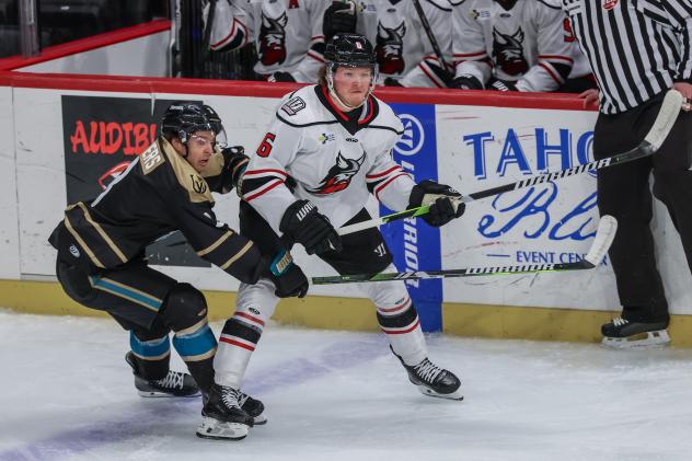 Adirondack Thunder's Ryan Wheeler and Tahoe Knight Monsters' Adam Pitters in action