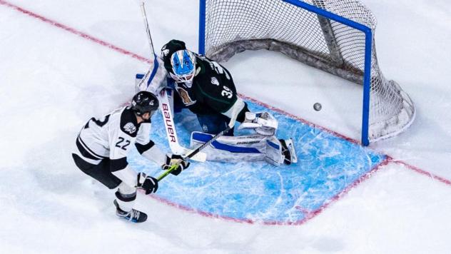 Wichita Thunder forward Michal Stinil scores against the Utah Grizzlies