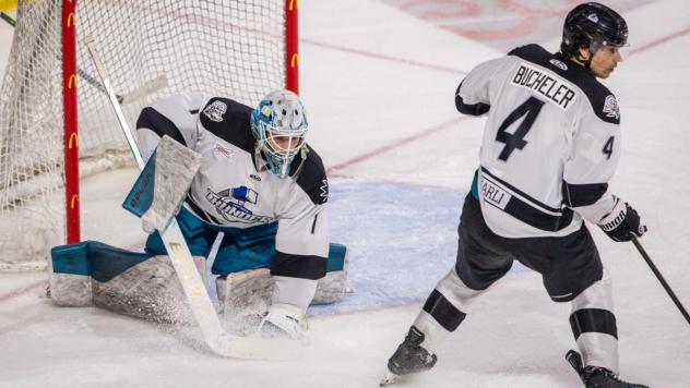 Wichita Thunder goaltender Gabriel Carriere and defenseman Jeremie Bucheler