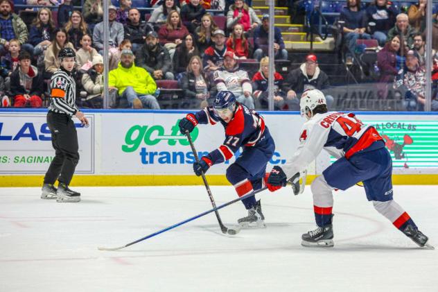Saginaw Spirit's Xander Velliaris versus Windsor Spitfire's Anthony Cristoforo