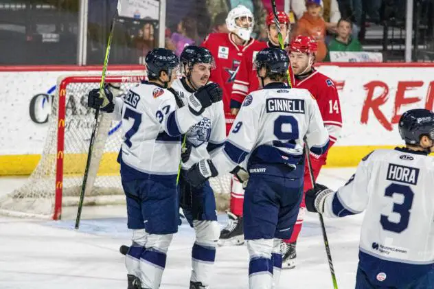 Worcester Railers' Matt DeMelis, Riley Ginnell, and Anthony Hora on game night