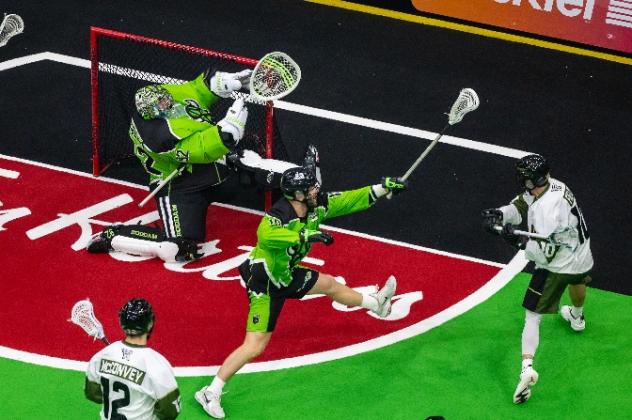 Rochester Knighthawks look for a shot against the Saskatchewan Rush