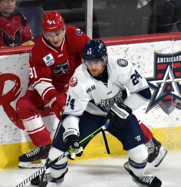 Allen Americans right wing Brian Chambers (left) battles against the Worcester Railers