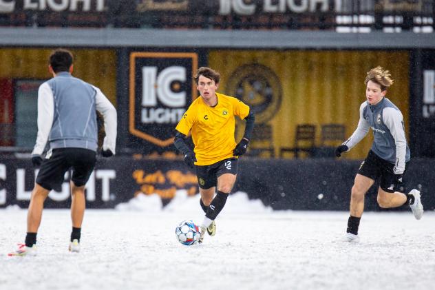 Charles Ahl of the Pittsburgh Riverhounds vs. Columbus Crew 2 in the snow