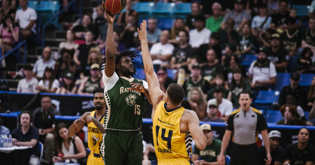 Saskatchewan Rattlers center Jaden Bediako puts up a shot