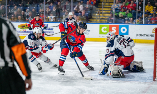 Springfield Thunderbirds center Nikita Alexandrov looks for a shot against the Hartford Wolf Pack