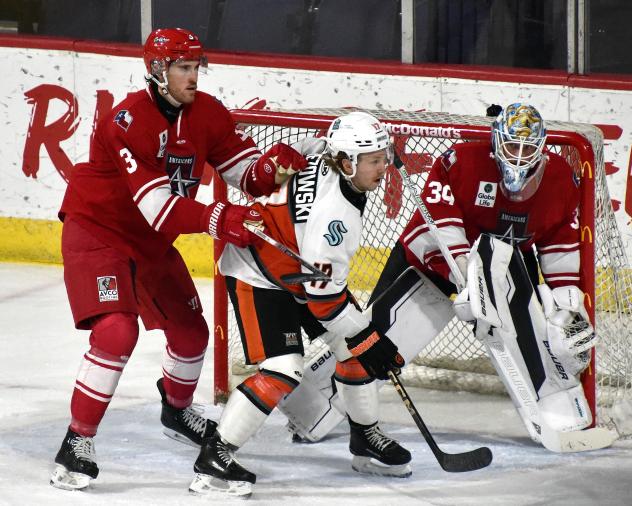 Allen Americans defenseman Jay Powell (left)