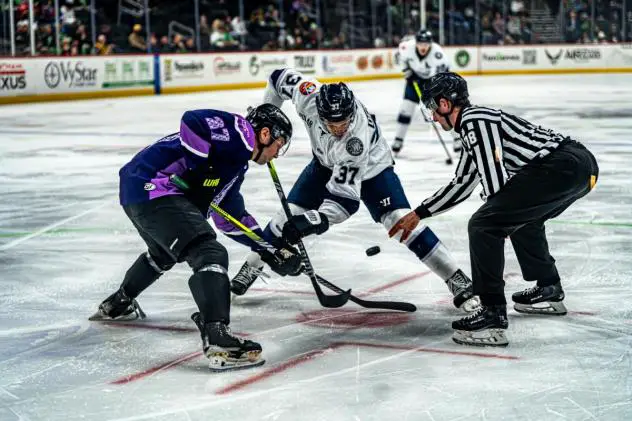Worcester Railers' Matt DeMelis versus Savannah Ghost Pirates' Liam Walsh