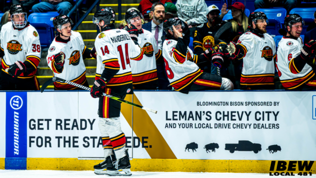 Indy Fuel's Ethan Manderville congratulated by team